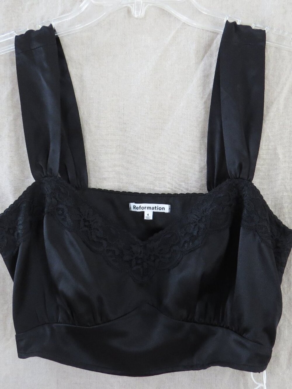 NEW Reformation Beatrice Silk Top SIZE 4 Black, Lace Trim, TOP ONLY